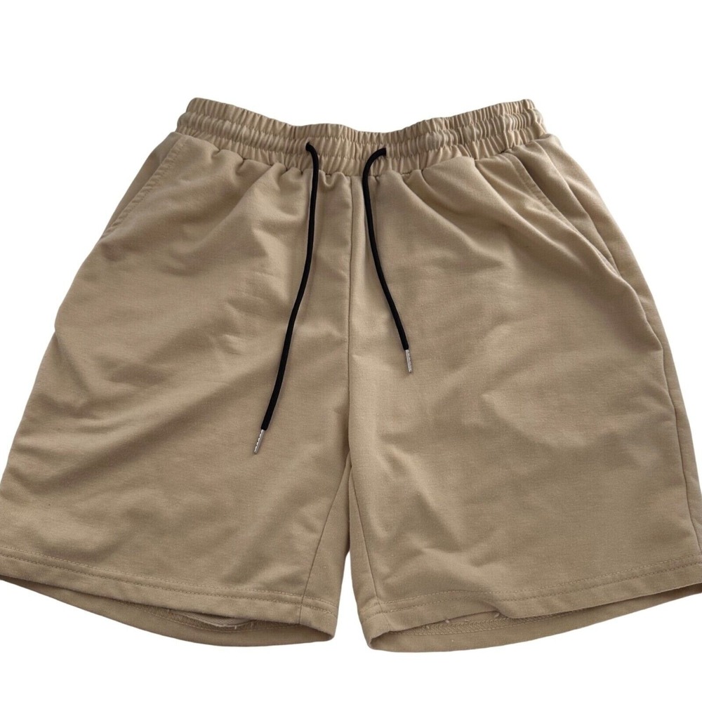 Beige‎ Shein Mens Drawstring Elastic Waist Casual Shorts S Cotton Blend Chino